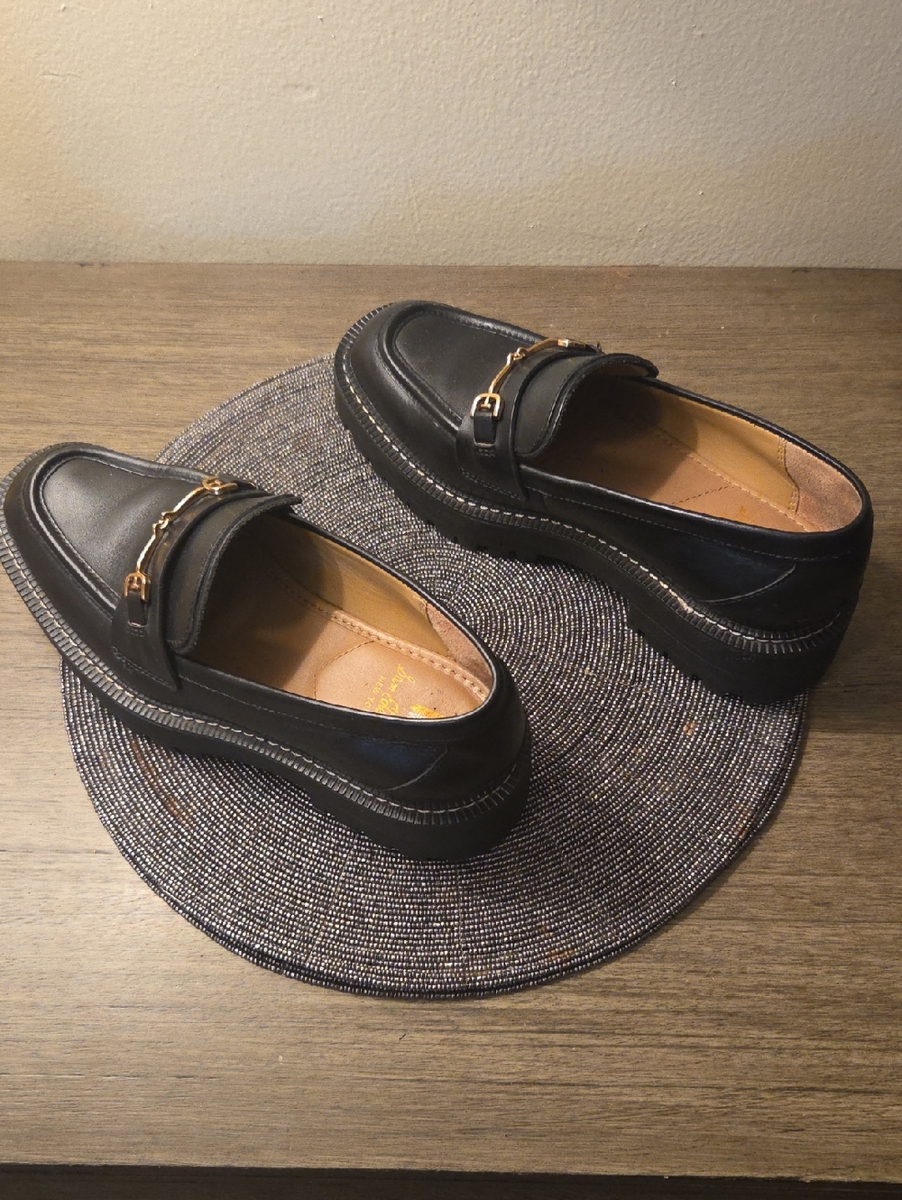 Sam Edleman Chunky Black Leather Loafers with Gold Accent, Sz7